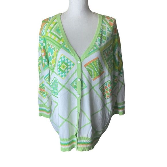 Bob Mackie Womens Green Abstract Artsy Button Front Cardigan Sweater Size 2X - Picture 1 of 5